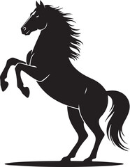 A striking black horse silhouette dominates a clean vector based graphic design