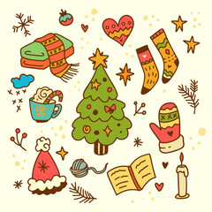 Winter cozy doodle set. Warm clothes, drinks, books, gifts, candles, mittens, socks, snowflakes and others. Cute line art vector. Retro color Christmas mood