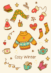 Winter cozy doodle set. Warm clothes, drinks, books, gifts, candles. Greeting card. Line art vector. on white background. Christmas mood