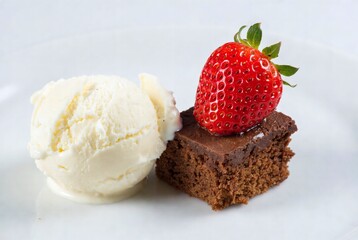 Delicious Chocolate Brownie and Vanilla Ice Cream Dessert with Fresh Strawberries - A Sweet Summer Indulgence for Culinary Celebrations