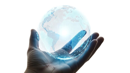 Globe in hand with network connections and cyan