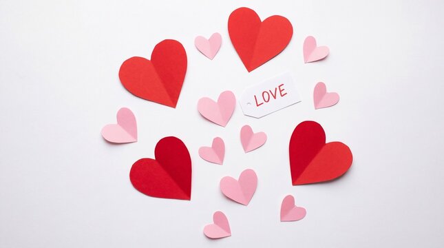 Colorful paper hearts in various sizes with love note on white