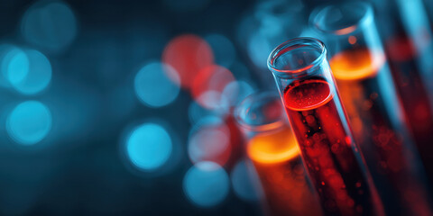 Abstract science laboratory background, chemical test tubes with red liquid, glowing orange bubbles on blue bokeh, medicine research backdrop