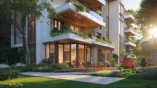 Sunlit modern residence with glass walls wide balconies and lush green planters beside a stone path
