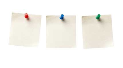 Three Blank Beige Square Sticky Notes Pinned with Red, Blue, and Green Pushpins on White Background