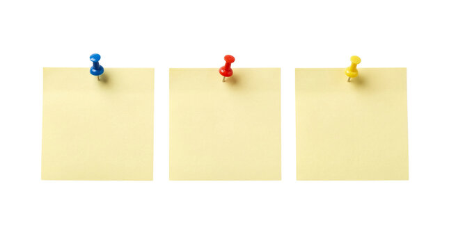 Three Blank Yellow Sticky Notes with Colorful Pushpins on White Background