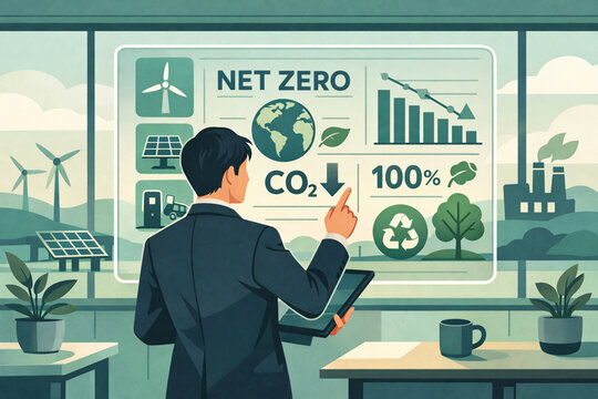 Net Zero Visionary: An individual presents a forward-thinking plan for environmental sustainability, focusing on net-zero emissions, highlighting renewable energy. - Powered by Adobe