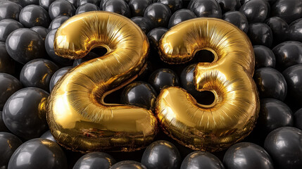 A large golden number 23 is placed prominently among an array of black balloons The scene suggests a festive celebration, enhancing the striking contrast of colors