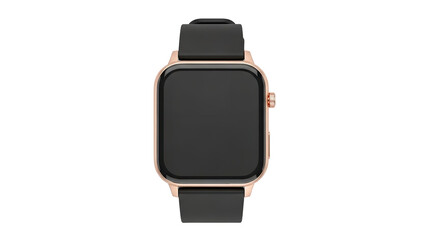 Square gold smart watch with black strap close-up