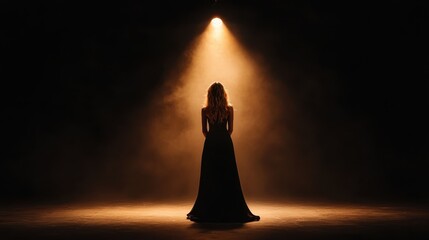 An evocative image of a woman standing in silhouette under a bright spotlight with a smoky background, representing mystery, performance, and inner emotions on stage.