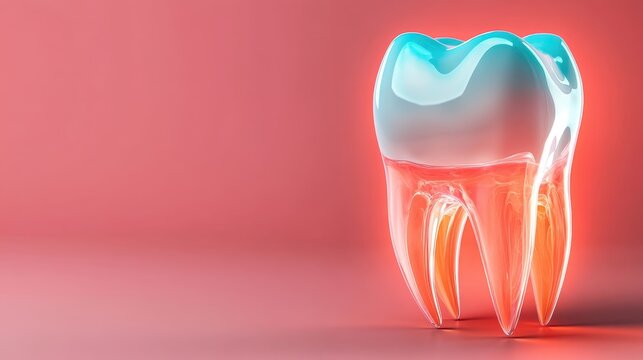 This vibrant 3D rendered image showcases a stylized tooth with a glossy finish, set against a soft pink background, emphasizing dental care and oral hygiene. - Powered by Adobe