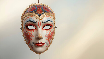 Photo of a decorative traditional mask with intricate painted patterns and ornamental details. Isolated on a neutral background, cultural art object, theatrical and ceremonial concept.
