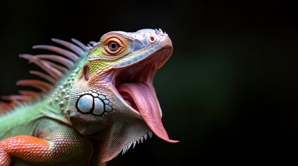 Fototapeta premium A colorful iguana is depicted in vibrant hues, showcasing its striking features and strikingly beautiful patterns, representing artistry, nature, and individuality in wildlife.