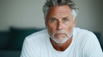 A mature man with gray hair and a thoughtful expression, showcasing wisdom and contemplation, reflecting human emotion and depth of character in an intimate setting.
