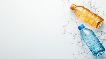 Two colorful water bottles splashing and creating a dynamic visual in a clean space, representing refreshment, hydration, and vibrant lifestyle choices.