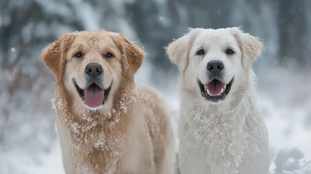 Two happy dogs stand close in a snowy forest,  fur dusted with snow, tongues lolling and big smiles