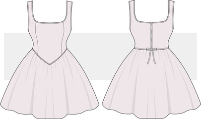 Women and Girls Bubble Hem Balloon Dress Fashion Technical Drawing, illustration. Top Corset detail mini Dress vector. Front view, Cad, Mockup.