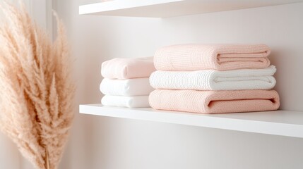 A bright and organized display of neatly folded pastel towels on open shelves, representing cleanliness and order, adding a soothing touch to modern home decor aesthetics.