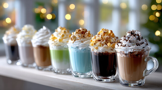 Assortment of hot chocolate mugs with whipped cream and toppings on wooden counter