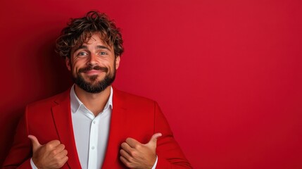 A smiling man in a bright red suit gives a thumbs up in front of a solid red background, radiating confidence and positivity in a playful manner.