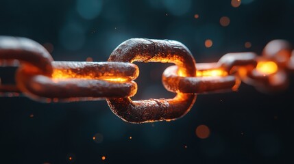 A close-up of a rusty chain with glowing elements creates a stunning visual of resilience and strength. The interplay of light and texture tells a powerful story of connection.