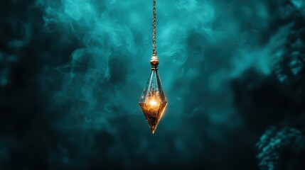 A stunning pendant light hangs gracefully against a smoky turquoise backdrop, creating a captivating ambiance that evokes mystery and elegance.