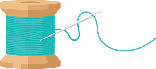 Wooden spool of teal blue sewing thread with a silver metal needle for tailoring embroidery dressmaking handicraft hobby and DIY fashion textile projects isolated on white background.