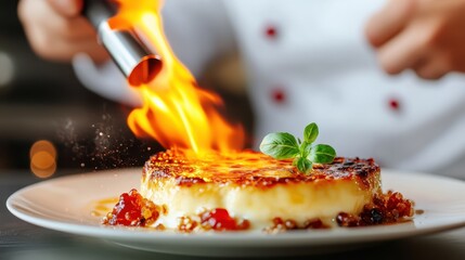 A chef skillfully caramelizing a dessert with a culinary torch, creating an impressive flambe effect that highlights the artistry of cooking and the allure of gourmet cuisine.