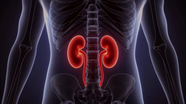 3D medical animation showing human kidneys highlighted inside the body, representing renal system, kidney health, and internal anatomy.