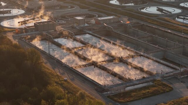 Aerial view of the wastewater treatment plant with its steaming tanks and round holding pools, creating a surreal, misty landscape, Turin, Piemonte, Italy.