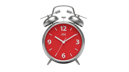 Red alarm clock showing the time on white backdrop