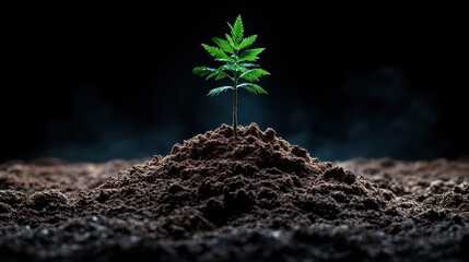 This striking image of a green plant emerging from rich brown soil symbolizes growth and resilience, making it ideal for themes of nature, sustainability, and renewal.