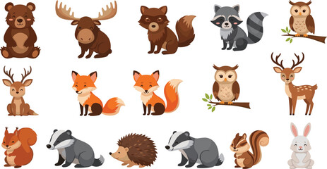 Cute forest animals collection with bear, moose, raccoon, owl, deer, fox, and more