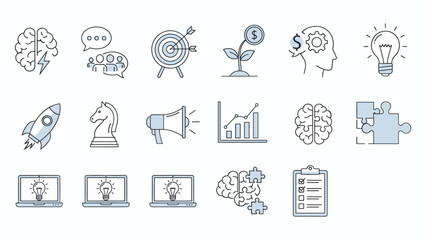 Business productivity icon set with strategy, innovation, teamwork, finance, planning, communication, launch, analysis, creativity, problem-solving - flat vector illustration © Miskur Rumi 