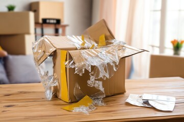 Damaged cardboard box with torn edges and crumpled plastic wrap, resting on a wooden table, surrounded by unpacked items and a cozy living room atmosphere