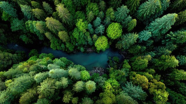 Aerial view of lush green forest, top down view, negative space on the right side composed of a calm lake, environmental conservation concept, 8k 