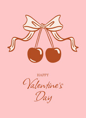 Elegant coquette style Valentine's Day greeting card. Vector design of cherry blossom with ribbon bow.