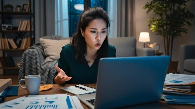 Stressed Asian businesswoman on remote video call late at night.