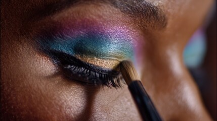 Medium shot of a makeup artist blending vibrant colors for an evening glam look highlighting detailed eyeshadow work and precise eyeliner application.
