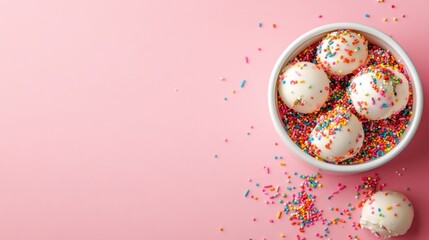 A tempting bowl filled with creamy ice cream scoops topped with an abundance of colorful sprinkles on a soft pink background evokes joy and sweetness.