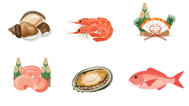 Collection of traditional Japanese New Year foods including red snapper shrimp abalone and shells for celebratory festive dining.