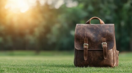 A rustic leather backpack sits elegantly on fresh green grass, symbolizing adventure, nostalgia, and the allure of exploration in the great outdoors.