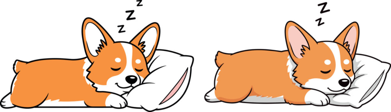 Cute cartoon Welsh Corgi puppy sleeping on white pillow dreaming with zzz symbols vector illustration set for pet care and animal lover branding.