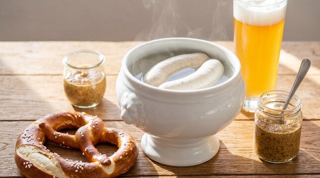 Authentic Bavarian Weisswurst breakfast with white sausages in a tureen, a pretzel, sweet mustard, and wheat beer on a sunny wooden table.