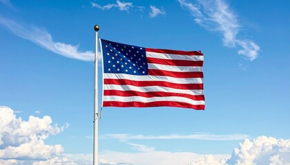 United States flag waving against bright blue sky with clouds