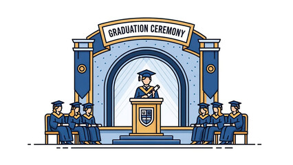 Illustration of a graduation ceremony with the speaker delivering a speech and other graduates listening with interest. This captures a special educational achievement in white background.