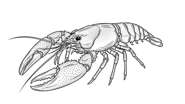 Detailed black and white line drawing of a large lobster or crayfish with long antennae and powerful claws on white background.