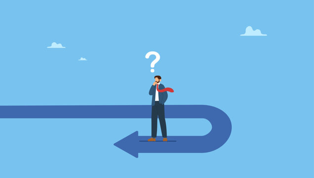 Frustrated businessman or investor looking at his reverse direction pathway. Business turning point, break event or change direction, reverse back, interest rate or financial trend change.