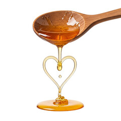 Golden honey dripping from wooden spoon into heart-shaped glass on white background