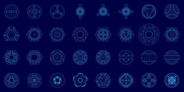 Technical blueprints of nuts and screws are arranged in a geometric grid on a dark blue background. Each hard surface fastener has a unique mechanical design.